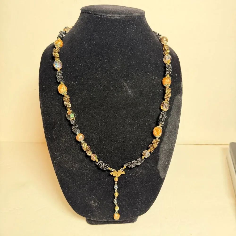 Vintage Vendome Black Glass Floral Bead Necklace AB Crystal Oak Leaf Dangle 26"